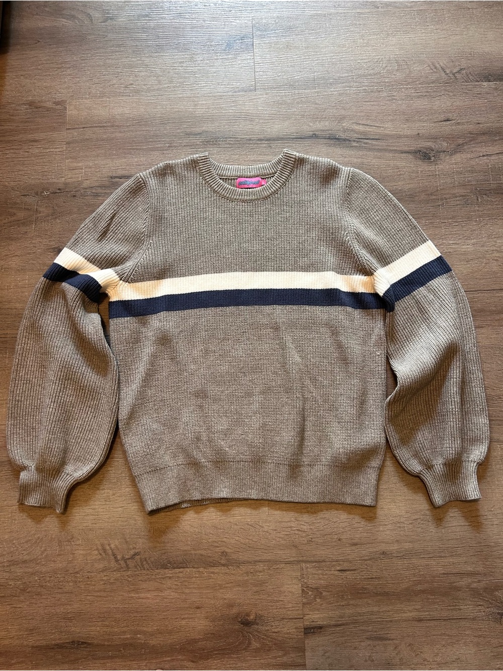 Edikted Sweater Womens M/L Gray Cream Navy Striped Oversized Crew Neck